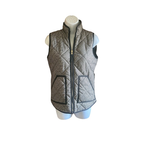 J Crew Herringbone Quilted Puffer Vest Womens XXS Sleeveless Black Beige - Picture 2 of 6